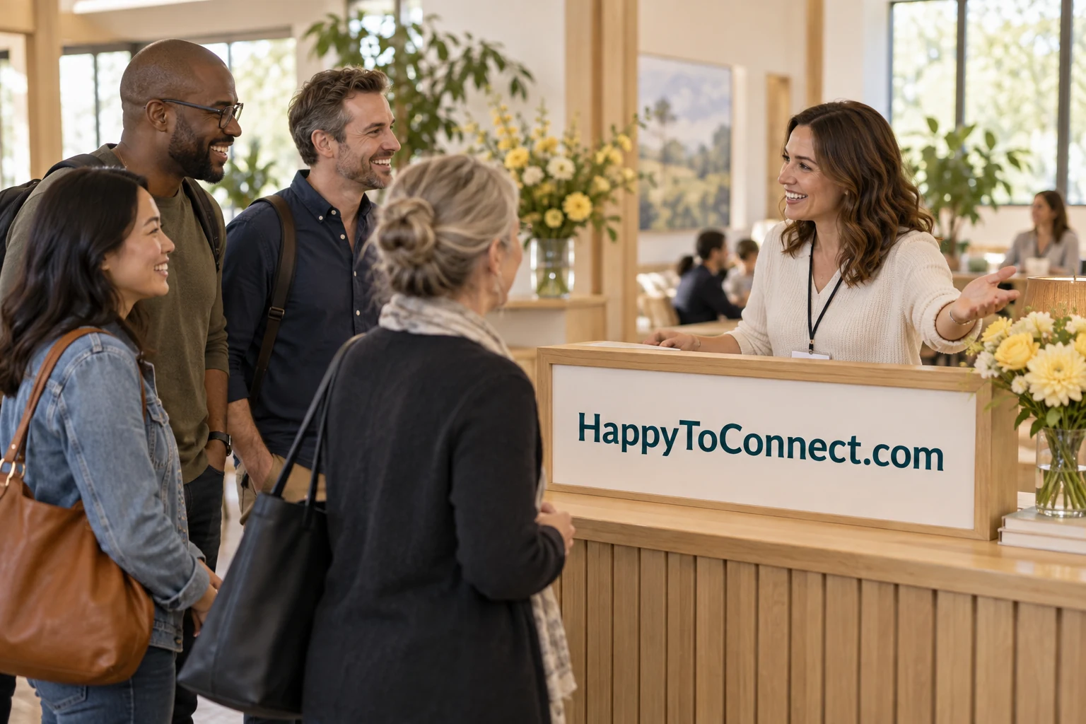 A welcoming gathering with HappyToConnect.com event signage
