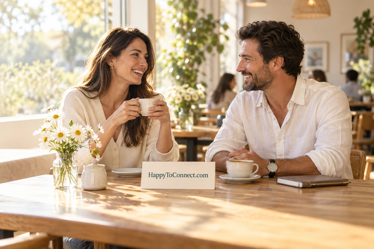 A warm café conversation beside a HappyToConnect.com invitation card