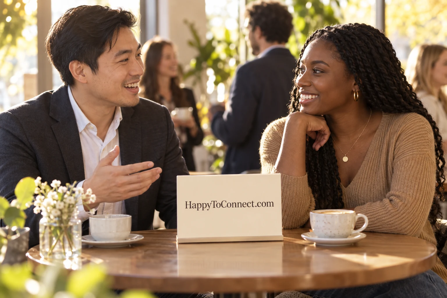 People sharing a relaxed conversation at a table with HappyToConnect.com printed nearby
